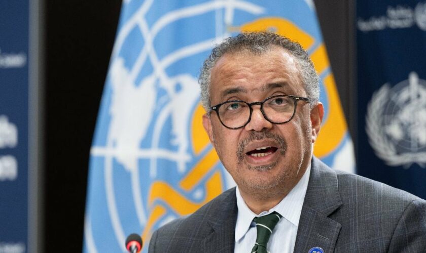 Photo diffusée le 15 décembre 2023 par l'OMS du directeur général Tedros Adhanom Ghebreyesus, lors d'une conférence de presse à Genève