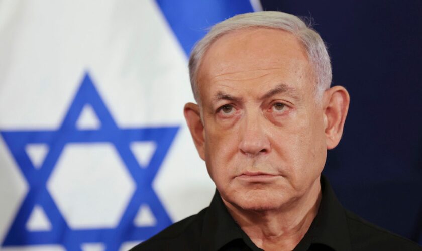 FILE - Israeli Prime Minister Benjamin Netanyahu attends a press conference in the Kirya military base in Tel Aviv, Israel on Oct. 28, 2023. Top Israeli officials are accused of seven war crimes and crimes against humanity by the ICC. (Abir Sultan/Pool Photo via AP, File)