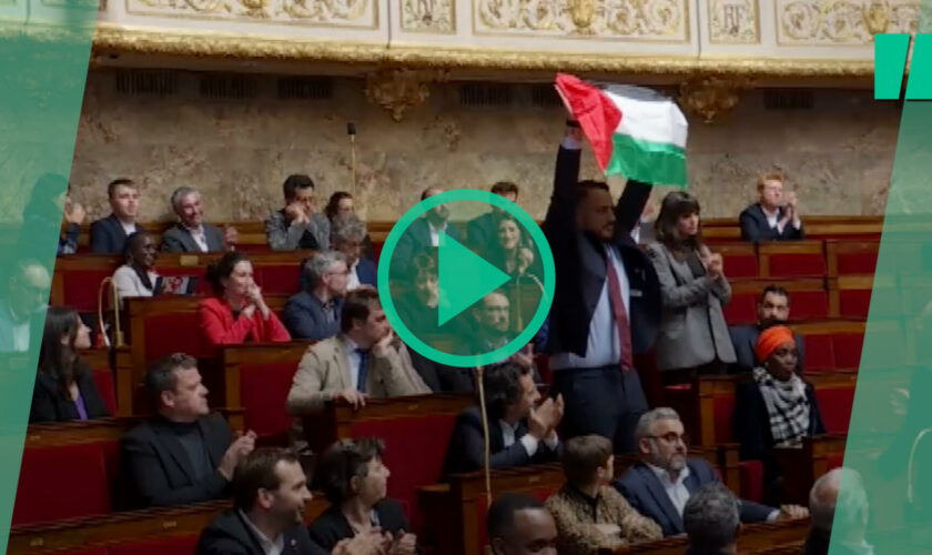 Le député LFI Sébastien Delogu brandit un drapeau de la Palestine dans l’hémicycle de l’Assemblée nationale