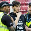 Protester locked himself to the goal post in protest against Israel during a Euros qualifier between Scotland and Israel at Hampden Park, on May 31, 2024, in Glasgow, Scotland. Pic: SNS Group