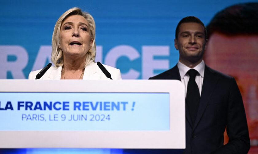 Marine Le Pen et Jordan Bardella le soir de l'annonce de la dissolution de l'Assemblée nationale par Emmanuel Macron, le 9 juin 2024.