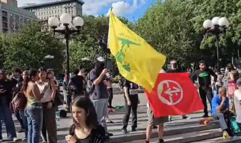 Anti-Israel protesters light flares by NYC exhibit for Oct. 7 music festival victims: 'Long Live the Intifada'