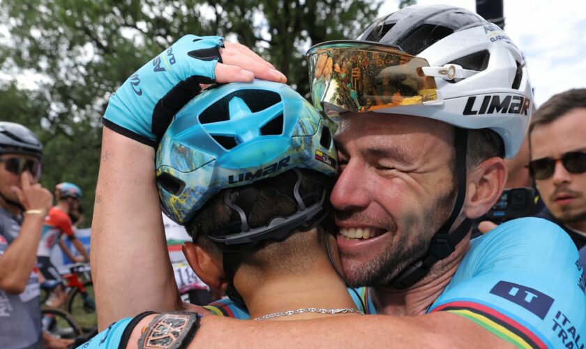 Britain's sprinter Mark Cavendish celebrates after winning a record 35th Tour de France stage win to break the record of Belgian legend Eddy Merckx. Pic: AP