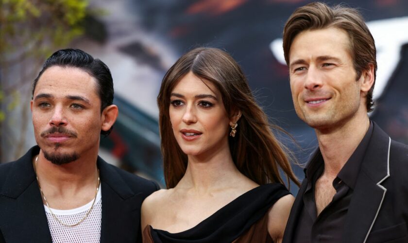 Anthony Ramos, Daisy Edgar-Jones and Glen Powell at the European premiere of Twisters in London. Pic: Reuters