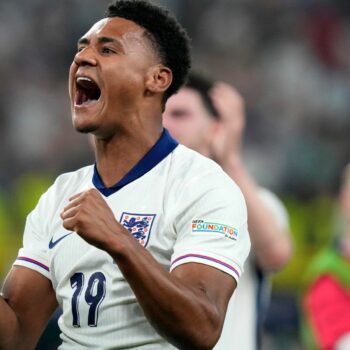 Ollie Watkins celebrates scoring the winner against the Netherlands Pic: AP