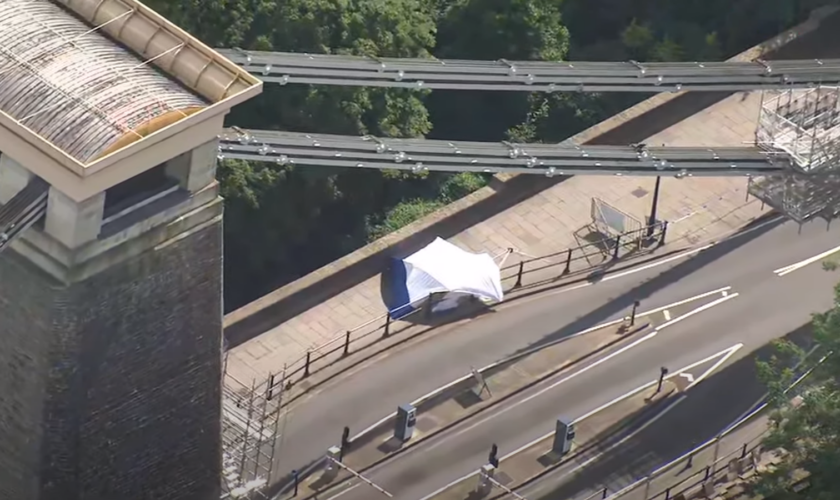 A police tent on Clifton Suspension Bridge, where suitcases containing what are believed to be body parts has been found