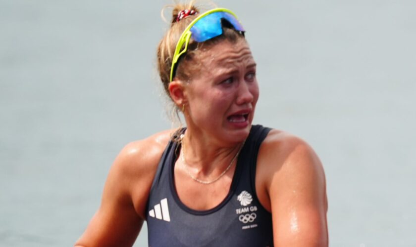 Lola Anderson after her Olympic win in the women's quadruple sculls. Pic: PA