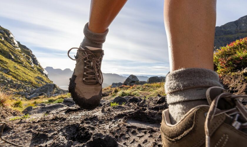 Ein Mensch trägt Wanderschuhe.