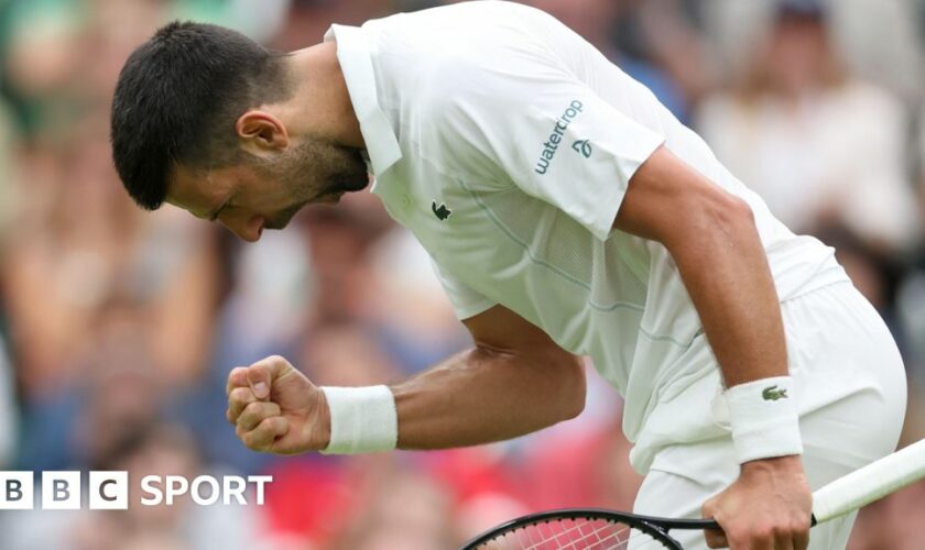 Novak Djokovic bends over, clenches his fist and roars in celebration during his Wimbledon first-round match against Vit Kopriva