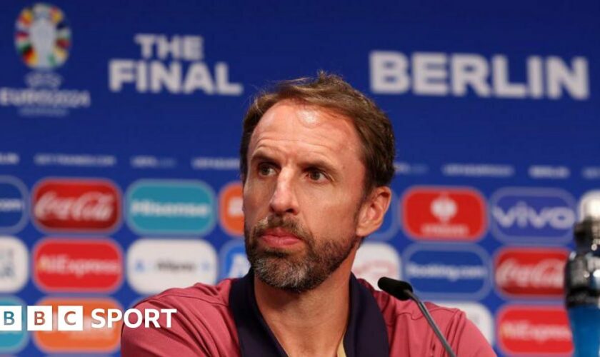 Gareth Southgate looks on during England's press conference before the Euro 2024 final