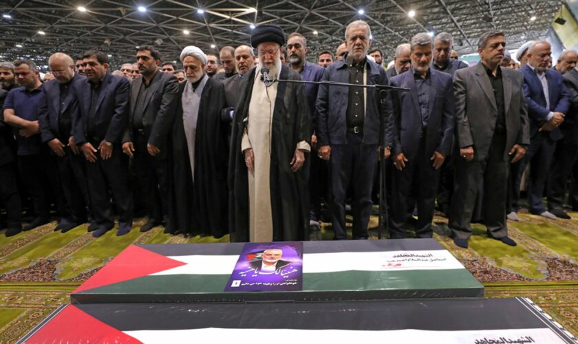 Ayatollah Ali Khamenei led a prayer over the coffins of Haniyeh and his bodyguard. Pic: AP