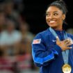 Aug 3, 2024; Paris, France; Simone Biles of the United States during the national anthem with her gold medal during the medal ceremony for the vault on the first day of gymnastics event finals during the Paris 2024 Olympic Summer Games at Bercy Arena. Pic: Reuters