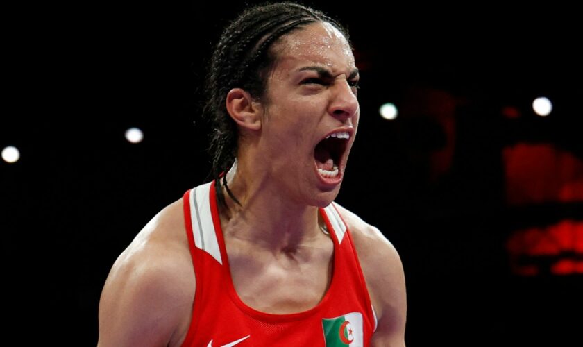 Paris 2024 Olympics - Boxing - Women's 66kg - Quarterfinal - North Paris Arena, Villepinte, France - August 03, 2024. Imane Khelif of Algeria reacts after her fight against Anna Luca Hamori of Hungary. REUTERS/Peter Cziborra