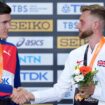 Great Britain's gold medalist Josh Kerr shakes hands with silver medalist Norway�s Jakob Ingebrigtsen during the medal ceremony for the Men's 1500 Metres on day seven of the World Athletics Championships at the National Athletics Centre in Budapest, Hungary. Picture date: Friday August 25, 2023.