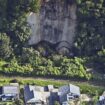 This aerial photo shows the site of a landslide in Shibushi, Kagoshima prefecture, southern Japan  following Thursday's powerful earthquake. (Kyodo News via AP)