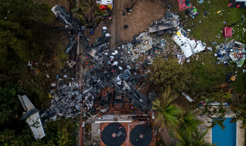 10 August 2024, Brazil, Vinhedo: Debris lies at the site of a plane crash in the Brazilian state of Sao Paulo (aerial view by drone). The Brazilian authorities are trying to find out exactly what caused the plane crash the day before, in which all 61 people on board died. Pic: AP