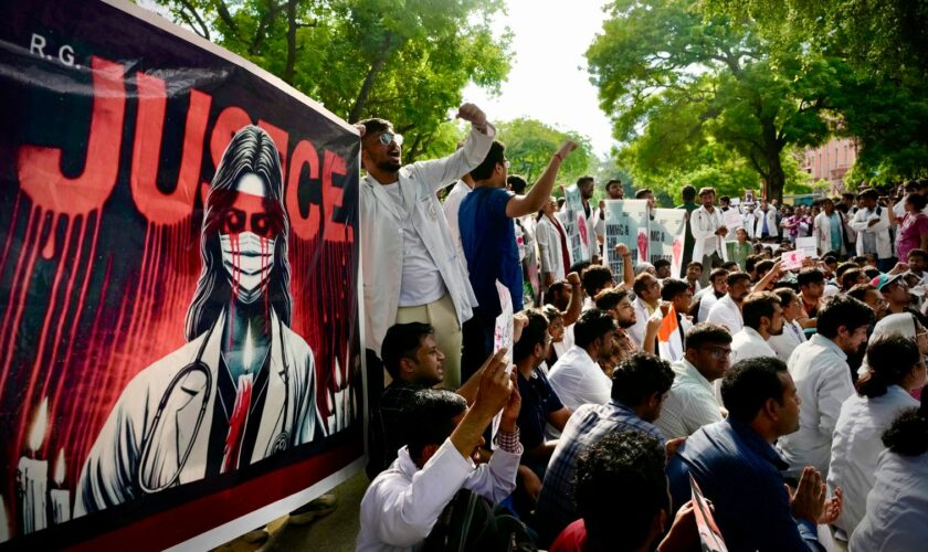 Doctors and paramedics protested in New Delhi on Friday. Pic: AP