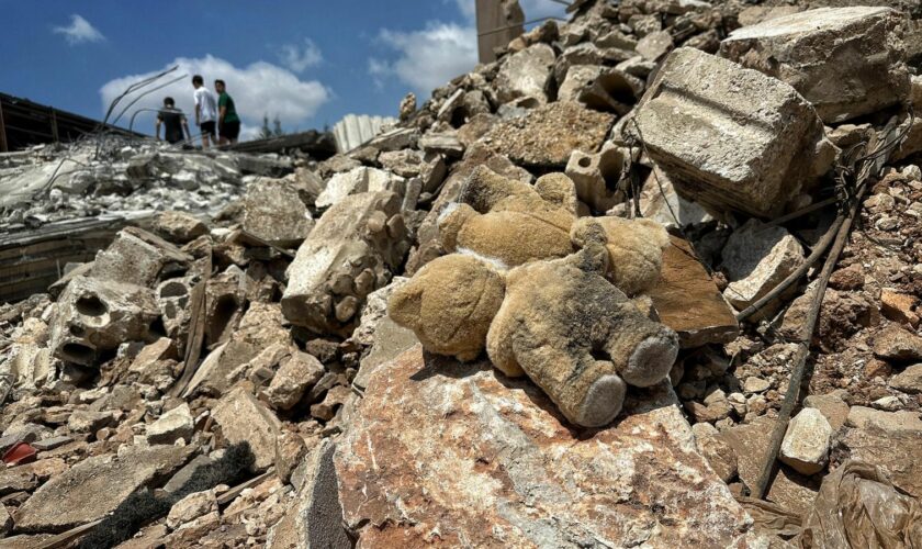 A teddy bear amid the rubble in Kfor near Nabatieh town, Lebanon