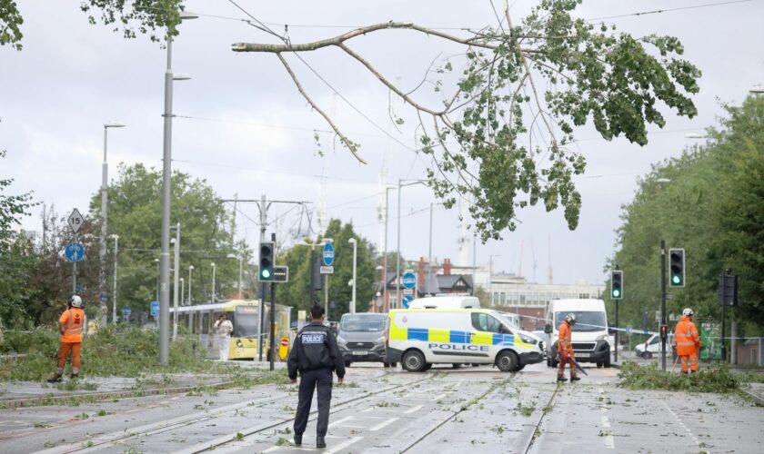 A police officer looks on as workers begin to remove fallen tree branches after strong winds brought by Storm Lilian brought down trees blocking roads and tram routes in Manchester, Britain, August 23, 2024. REUTERS/Phil Noble