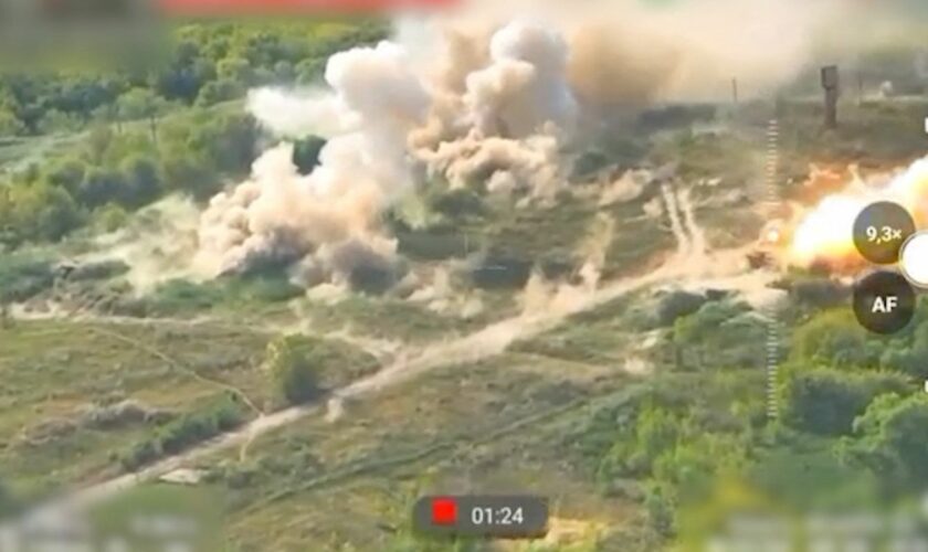 Explosions from a Ukrainian strike on a Russian platoon command in Kursk. Pic: Reuters