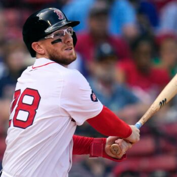 Danny Jansen swinging for the Boston Red Sox on 26 August. Pic: AP