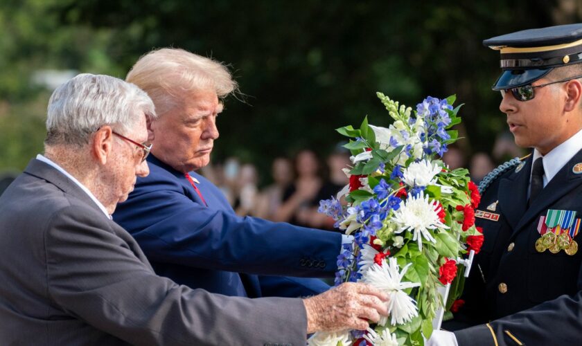 Donald Trump lays a wreath at the Tomb of the Unknown Soldier at Arlington National Cemetery. Pic: AP