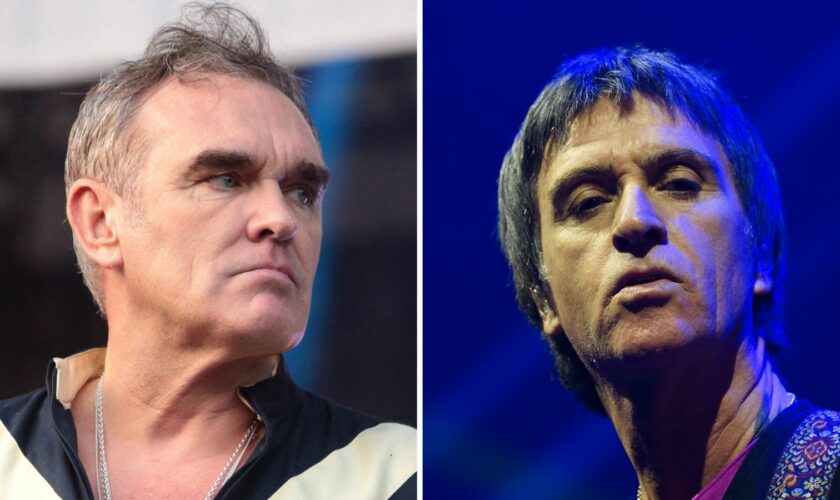 Ex-The Smiths bandmates. Morrissey (left) at the 2015 Firefly Music Festival in Dover, Delaware. Pic: AP + Johnny Marr (right) performing in Hammersmith, west London, during his Spirit Power Tour April 2024 Pic PA