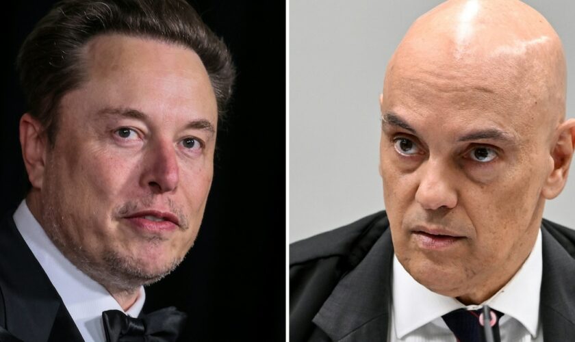 A gauche, le propriétaire du réseau social X Elon Musk le 13 avril 2024 à Los Angeles et, à droite, le juge à la Cour suprême brésilienne Alexandre de Moraes, le 18 juin 2024 à Brasilia