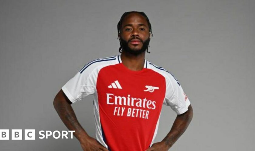 Raheem Sterling poses in an Arsenal shirt