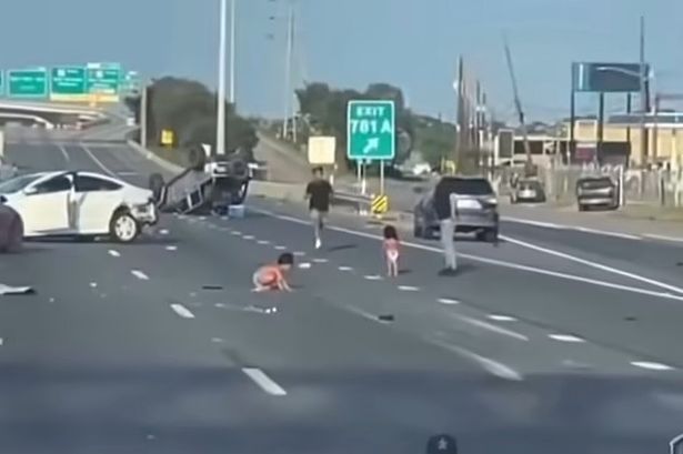 Babies in nappies seen crawling down road after being thrown from car in horror crash