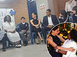 Beaming Harry and Meghan enjoy a show by Colombian folk dancers after meeting bored-looking schoolchildren in Bogota at the start of the duke and duchess' four-day visit