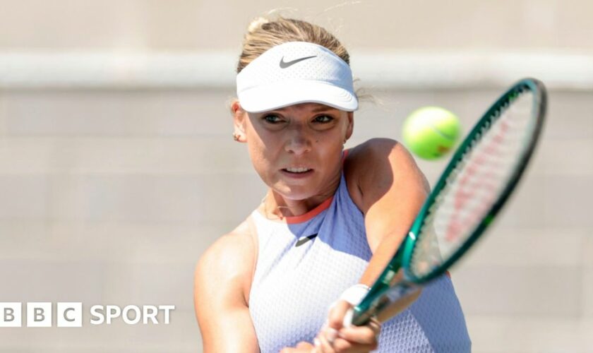 Katie Boulter hits a return in her US Open match against Aliaksandra Sasnovich