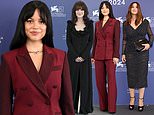 Jenna Ortega is the epitome of chic in a maroon suit as she joins glamorous Winona Ryder and Monica Bellucci at Beetlejuice photocall at Venice Film Festival