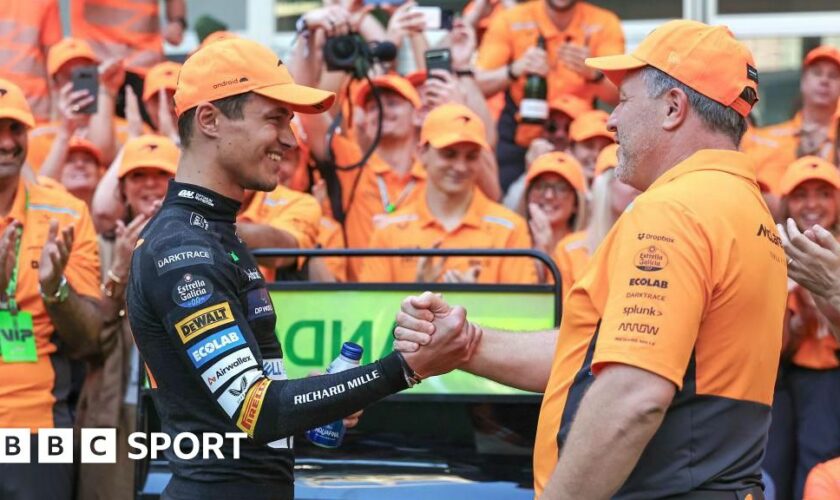 McLaren driver Lando Morris celebrates victory in the Miami F1 Grand Prix with team boss Zak Brown