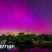 at night, in the foreground is a a man looking out across a body of water with trees on the horizon.  The night sky above is filled with different shades of purple of the northern lights.  A small streak of white light is seen in the top corner - a meteor.