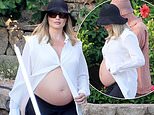 Pregnant Margot Robbie cradles her growing bump in a white unbuttoned shirt as she enjoys sweet babymoon with husband Tom Ackerley in Sardinia