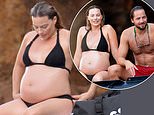 Pregnant Margot Robbie is every inch the glowing mother-to-be as she showcases her growing baby bump in a black bikini while relaxing with husband Tom Ackerley during sun-soaked break to Italy