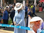 Queen Camilla is elegant in blue coat dress as she arrives at Ebor Festival in York