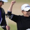 Jiyai Shin celebrates with her caddie during the third round of the 2024 Women's Open