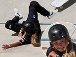 Sky Brown clutches onto her shoulder which she dislocated just over a week ago after she FALLS off her skateboard during preliminary round ahead of today's final