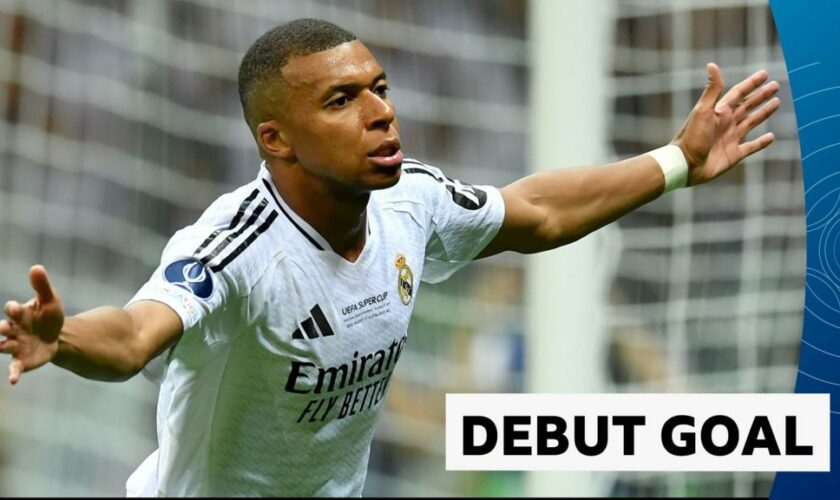 Kylain Mbappe celebrates a debut goal for Real Madrid