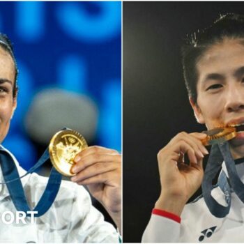 A picture of Imane Khelif and Lin Yu-ting with their boxing gold medals