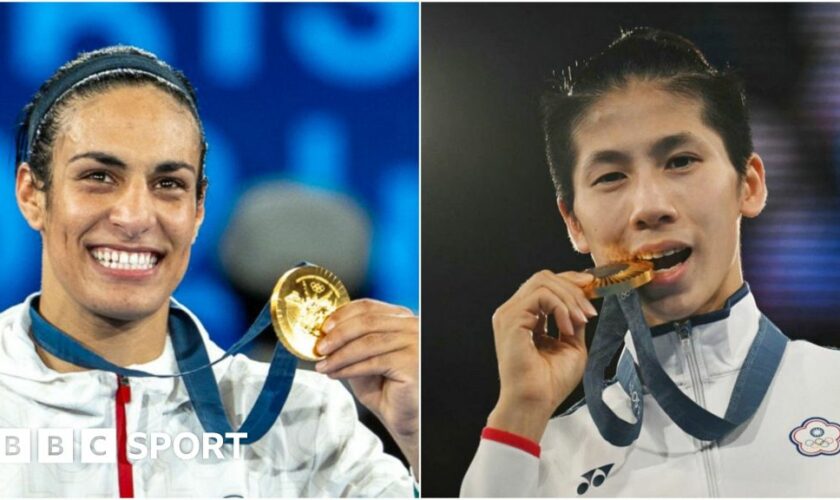 A picture of Imane Khelif and Lin Yu-ting with their boxing gold medals