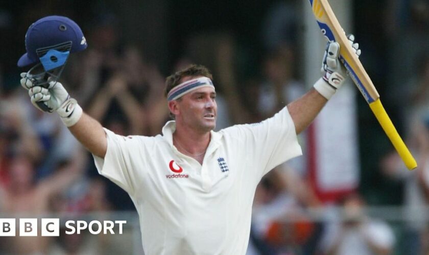 Graham Thorpe celebrates a century for England against West Indies in Barbados in 2004