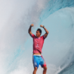 Kauli Vaast celebrates while surfing the Teahupo’o wave after becoming the 2024 Olympic champion