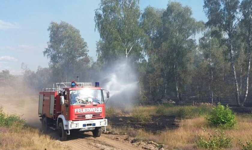 Die Feuerwehr löscht von Wegen aus beim Waldbrand in Jüterbog. Foto: Cevin Dettlaff/dpa