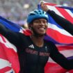 Kare Adenegan of Great Britain celebrates winning silver in Women's 100m - T34 Final. Pic: AP