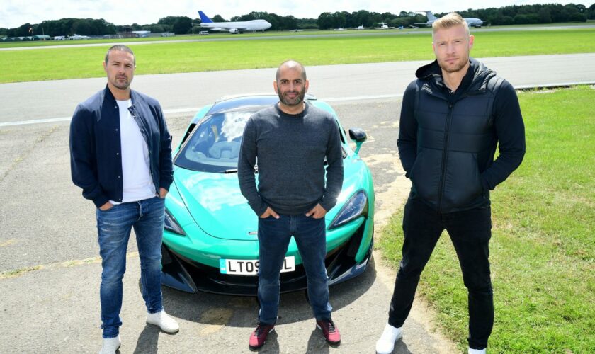 Chris Harris, pictured centre, with Paddy McGuinness (left) and Freddie Flintoff (right) at Dunsfold Park in 2019