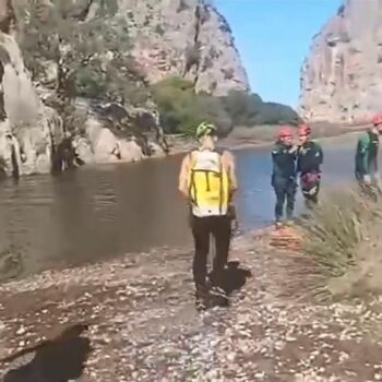 Helicopter search and rescue team at the gorge during search efforts of Britons missing in Mallorca / Majorca canyon where they were hiking, in Torrent de Pareis. Still from video on September 5, 2024 from Guardia Civil