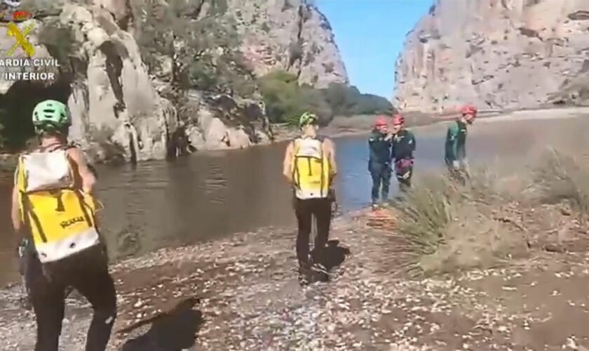 Helicopter search and rescue team at the gorge during search efforts of Britons missing in Mallorca / Majorca canyon where they were hiking, in Torrent de Pareis. Still from video on September 5, 2024 from Guardia Civil